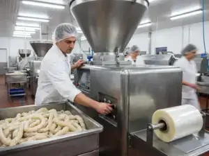 Stainless steel sausage-making machine in industrial kitchen, worker adjusts controls, natural and alginate casings visible.