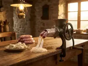 Sausage-making machine with alginate casings on wooden table in rustic kitchen, natural casings nearby, warm ambient lighting.