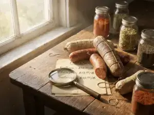 Variety of natural-casing sausages on rustic table, magnifying glass on price chart, spice jars, morning light, detailed texture.