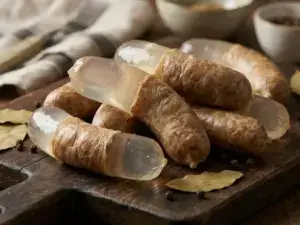 Sausages with alginate and natural casing on a wooden board, detailed textures, bay leaves, and peppercorns, highlighted by soft lighting.