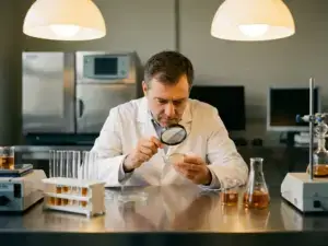 Scientist examining alginate casing under magnifying glass in lab, surrounded by test tubes and beakers, warm lighting.