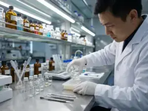 Scientist pouring liquid into mold on lab table, surrounded by vials, under bright light, with lab shelves in the background.