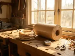 Wooden workbench with natural and alginate casings, tools, sunlit textures, and shadows in a photorealistic workshop scene.