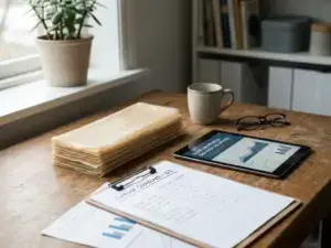 Neatly stacked alginate casings on workspace, with tablet displaying supplier profile and clipboard, in soft natural light.